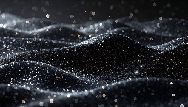 abstract sparkling dark waves with golden glitter particles, futuristic digital background, elegant fluid motion