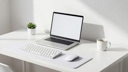Fototapeta premium Crisp Monochrome All White Minimalist Tech Desk Setup