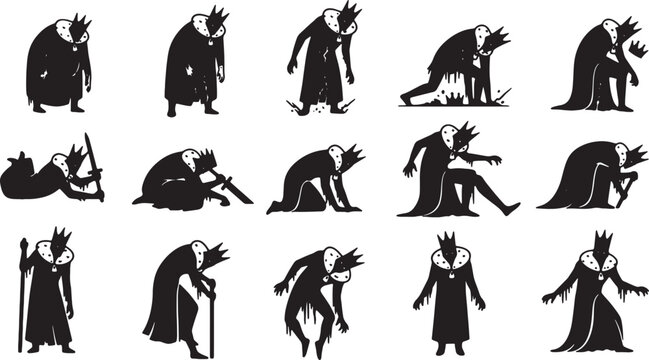 Collection of 15 black silhouette illustrations featuring a melting undead king wearing a crown and royal robes in various poses including crawling and standing on white background.