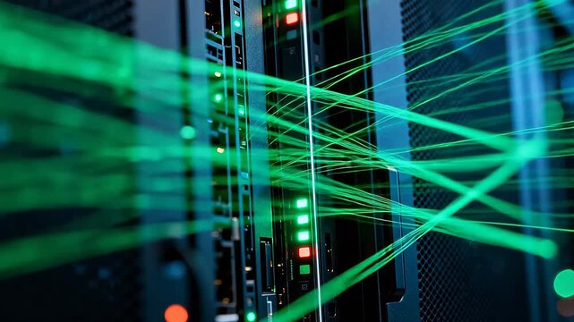 Data center server with green fiber optic cables and indicator lights in rack