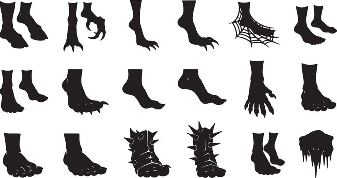 Collection of black monster and creature feet silhouettes featuring claws, talons, hooves, webbed limbs, and spiked legs for fantasy, horror, and Halloween character design.