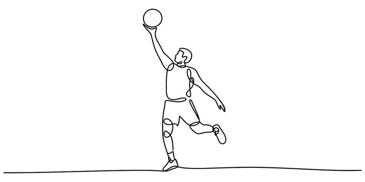 Continuous one line drawing of a basketball player dunking