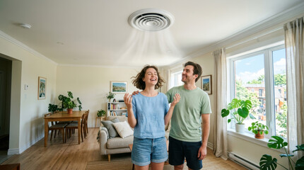 Fototapeta premium Ceiling vent couple smiling air flow living room home ventilation indoor cooling cheerful adult pair enjoying fresh airflow from overhead diffuser