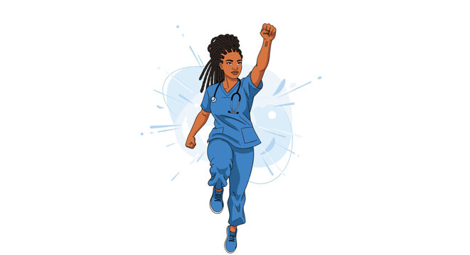 Empowering illustration of female nurse in blue scrubs with raised fist, celebrating strength and dedication of healthcare workers globally.