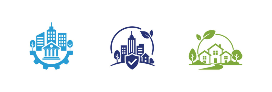 Set of three icons representing urban development and green living concepts.