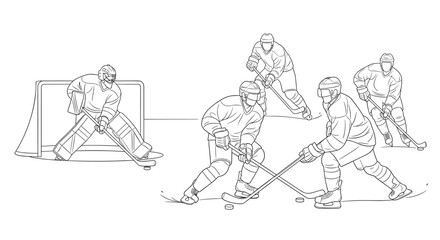 Obraz premium Detailed black and white line art illustration of ice hockey players in action including a goalie in front of the net and skaters.