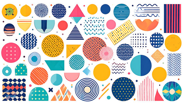 Abstract geometric shapes and patterns, colorful Memphis style elements, playful design motifs, digital art, retro vibes, diverse textures, vibrant accents
