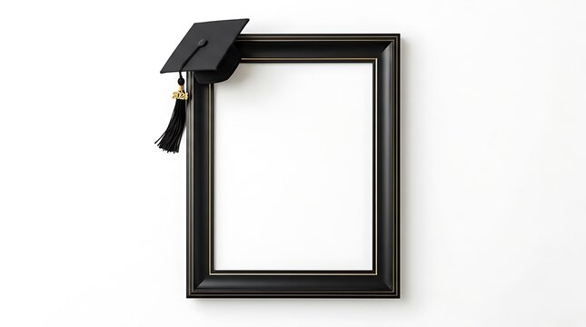 A black graduation cap with a 2023 tassel rests on the corner of a framed empty space