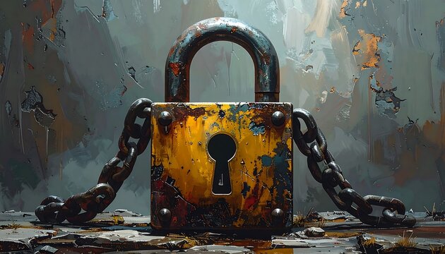 A weathered, metallic padlock with attached chains sits against a textured, muted background