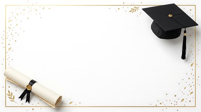 Academic graduation cap and diploma scroll with gold decorative border and confetti against a white background