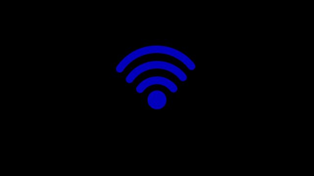 A glowing almost new wifi signal network icon animation on black background.Abstract wifi network,router,network wave icon animation.