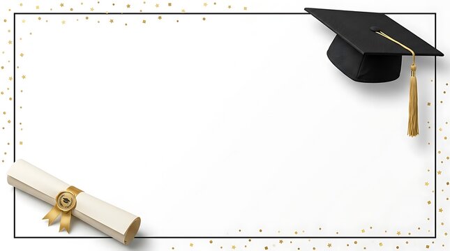 Graduation mortarboard cap and diploma scroll with gold stars border for academic achievement celebration
