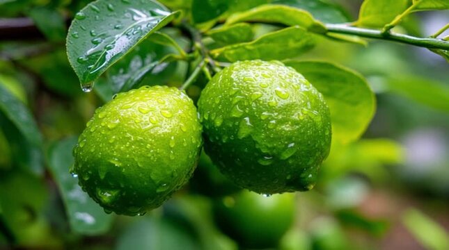 Two fresh green limes hanging on a tree branch covered in water droplets lime fruit citrus nature