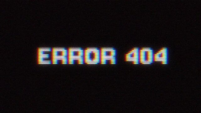 Error 404 page not found text animation with retro vhs glitch effect rgb chromatic aberration crt monitor noise and bad signal distortion