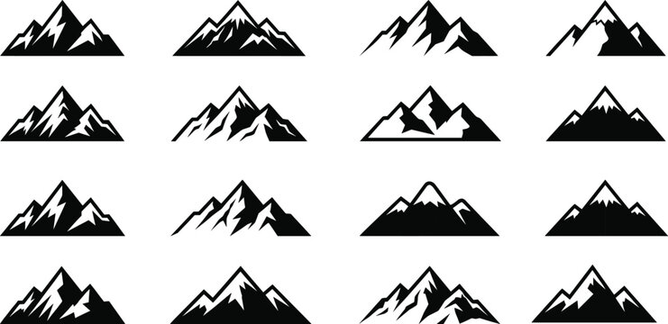 Large collection of black mountain peak silhouettes and ridge line icons for outdoor adventure logo design branding