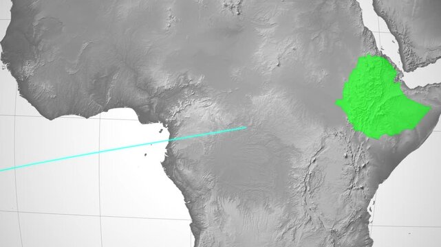 Animated global map visually connecting Brazil in South America with Ethiopia on the African continent, footage.