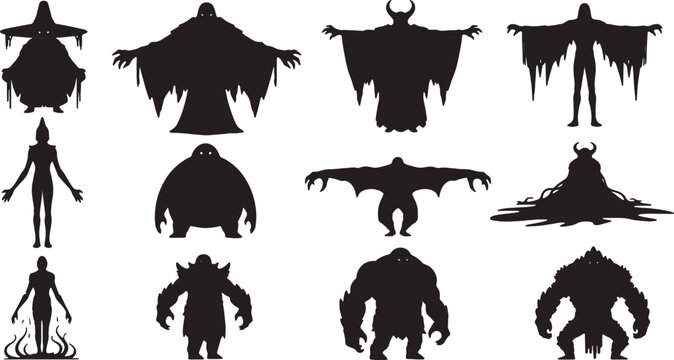 Set of twelve black silhouettes of fantasy monsters, demons, and supernatural creatures including wraiths, golems, and horned beasts, isolated on white background for game design.
