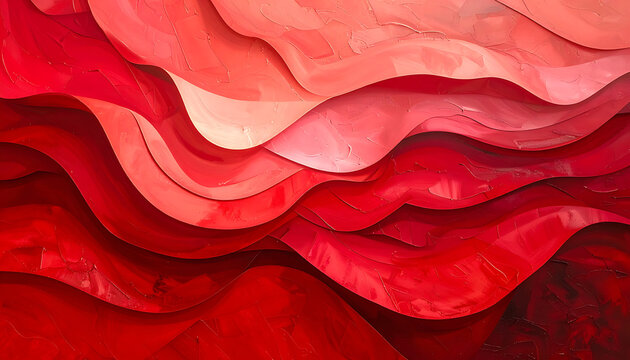 Abstract flowing waves of red and pink, layered paper cut effect, subtle glitter highlights, dynamic curved shapes, digital art texture
