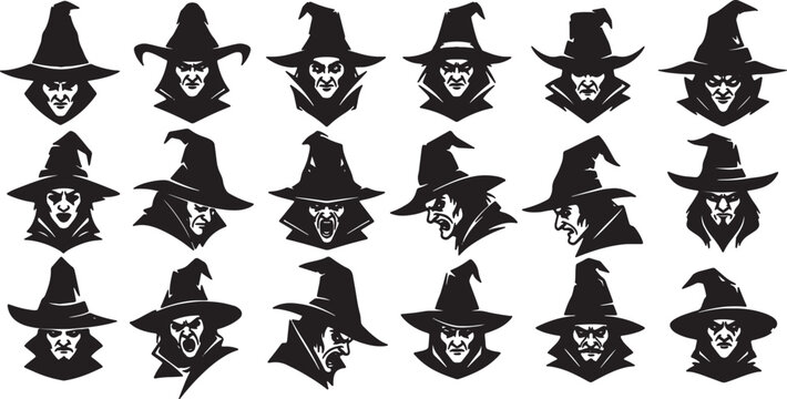 Collection of 18 black silhouette vector icons featuring evil wizard and warlock heads with pointed hats, diverse facial expressions like screaming and scowling, isolated on white.