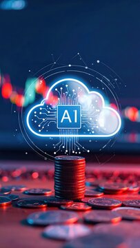 Artificial intelligence icon with cloud computing, financial trade graphs, and money coins for smart investment concept.