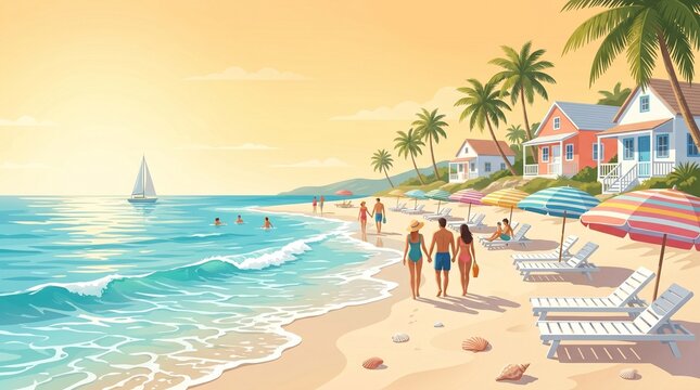 An tropical beach escape, an idyllic scene with golden sands, tranquil waves, and vibrant bungalows under a serene sky