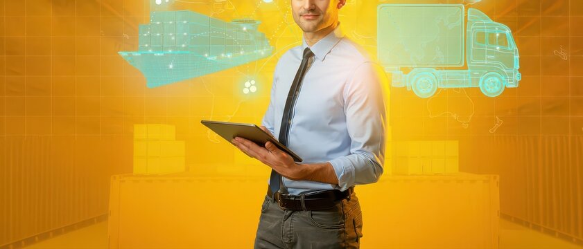 Logistics officer managing global freight with hologram cargo ship and truck data network concept.