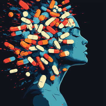 A dynamic illustration of emotional turmoil represented by colorful pills exploding from a woman's head.