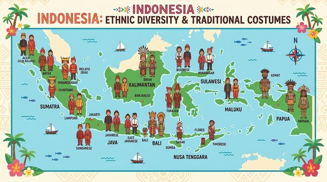Map of Indonesia Highlighting Ethnic Diversity and Traditional Costumes Across Regions.