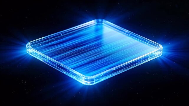 Transparent square container emitting blue light on deep black background with light spots