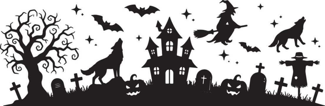 Halloween silhouette panorama featuring a haunted house, flying witch on a broomstick, howling wolves, bats, spooky gnarled tree, jack-o-lanterns, and graveyard on white background.