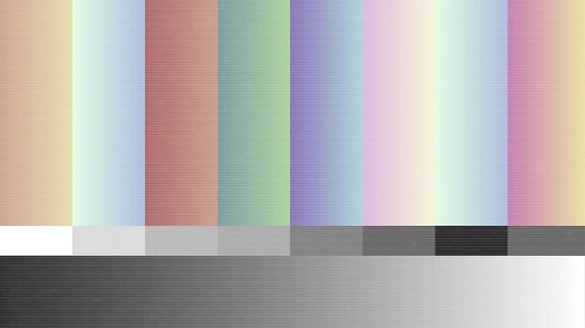 Standardized television broadcast test pattern featuring vibrant color bars and a precise grayscale gradient for accurate video signal calibration and display analysis