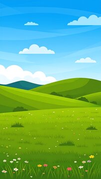 A serene landscape featuring rolling green hills, a vibrant field of flowers, and a clear blue sky with fluffy white clouds