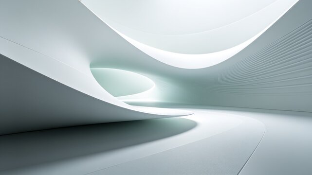 Futuristic white architectural space with smooth organic curves, soft lighting, and a minimalist aesthetic. Digital rendering of an interior hall.