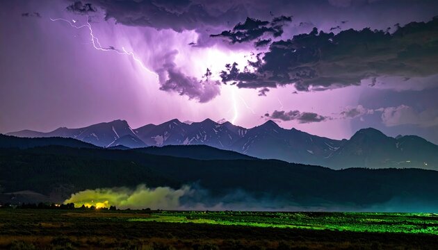 Dramatic lightning storm over mountain landscape at night