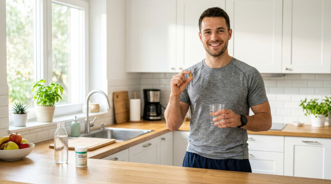 Man water pill glass kitchen health medicine supplement hydration wellness smiling adult holding medication with clean home interior