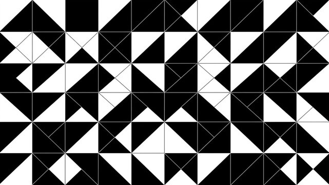 Black and white geometric pattern with interlocking triangles and squares creating a complex, abstract monochromatic design.