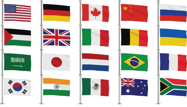 International world flags on flagpoles set, global country banner icons for embassy vector illustration