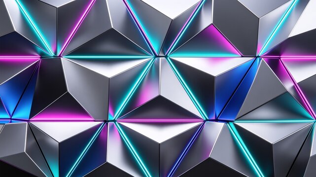 Abstract 3D geometric pattern featuring metallic silver triangles illuminated by glowing cyan and magenta neon light strips along the edges.