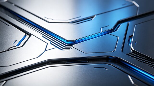 A sleek, futuristic metallic surface featuring geometric panels, glowing blue light accents, and detailed industrial textures for a sci-fi look.