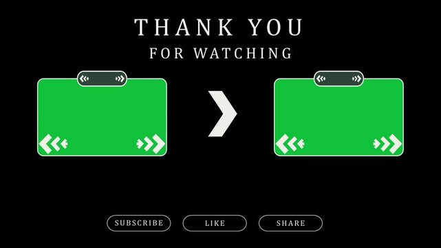 Animated digital end screen graphic with green placeholders and call to action buttons