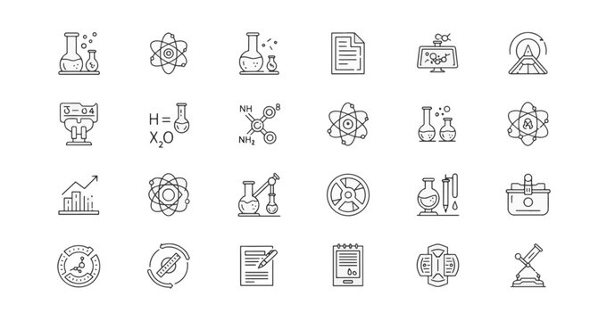 Minimalist science icon set with thin black line symbols including laboratory flasks, atom models, chemical formulas, research reports, data charts, and various physics equipment.