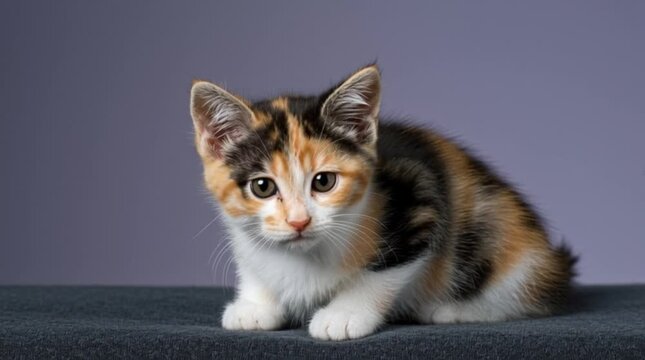 Cute calico kitten sitting on surface.