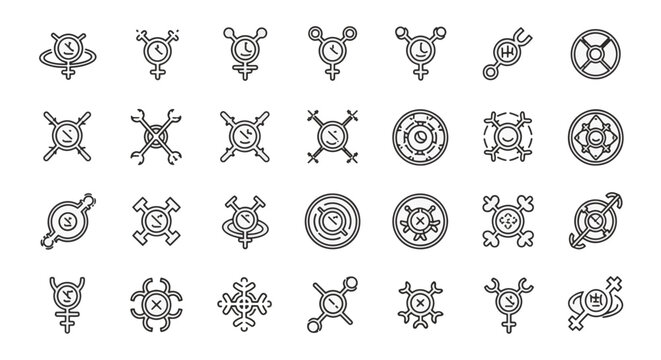 Set of 28 minimalist outline vector icons featuring a fusion of gender symbols, clock faces, gear-like circles, and abstract alchemical or scientific line art on a white background.