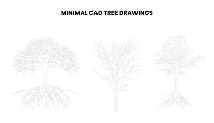 Minimal cad tree drawings, architectural tree sketches with roots, vector illustration of tree silhouettes for landscape design and architectural plans © MDMahmudul