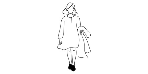 Fototapeta premium Minimalist line art drawing of a woman in a dress walking and holding a jacket Vector, illustration