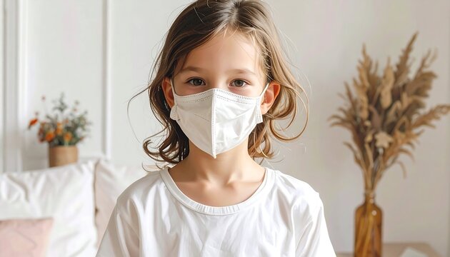 A young, fair-skinned child with wavy brown hair looks directly at the viewer while wearing a white face mask, against a blurred interior