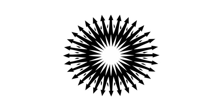 Circular burst shape with radiating lines white silhouette on black