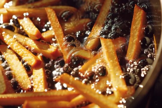 Closeup of french fries deep frying in hit bubbling oil