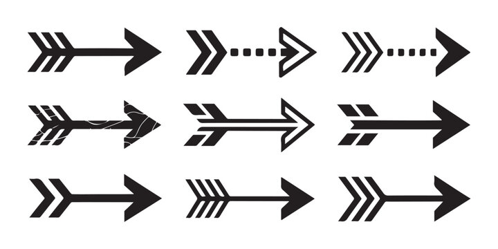 Set of decorative tribal style arrow icons with feather tails isolated on transparent background.