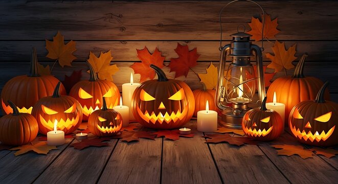 Spooky carved pumpkins and candles on a rustic wooden background
